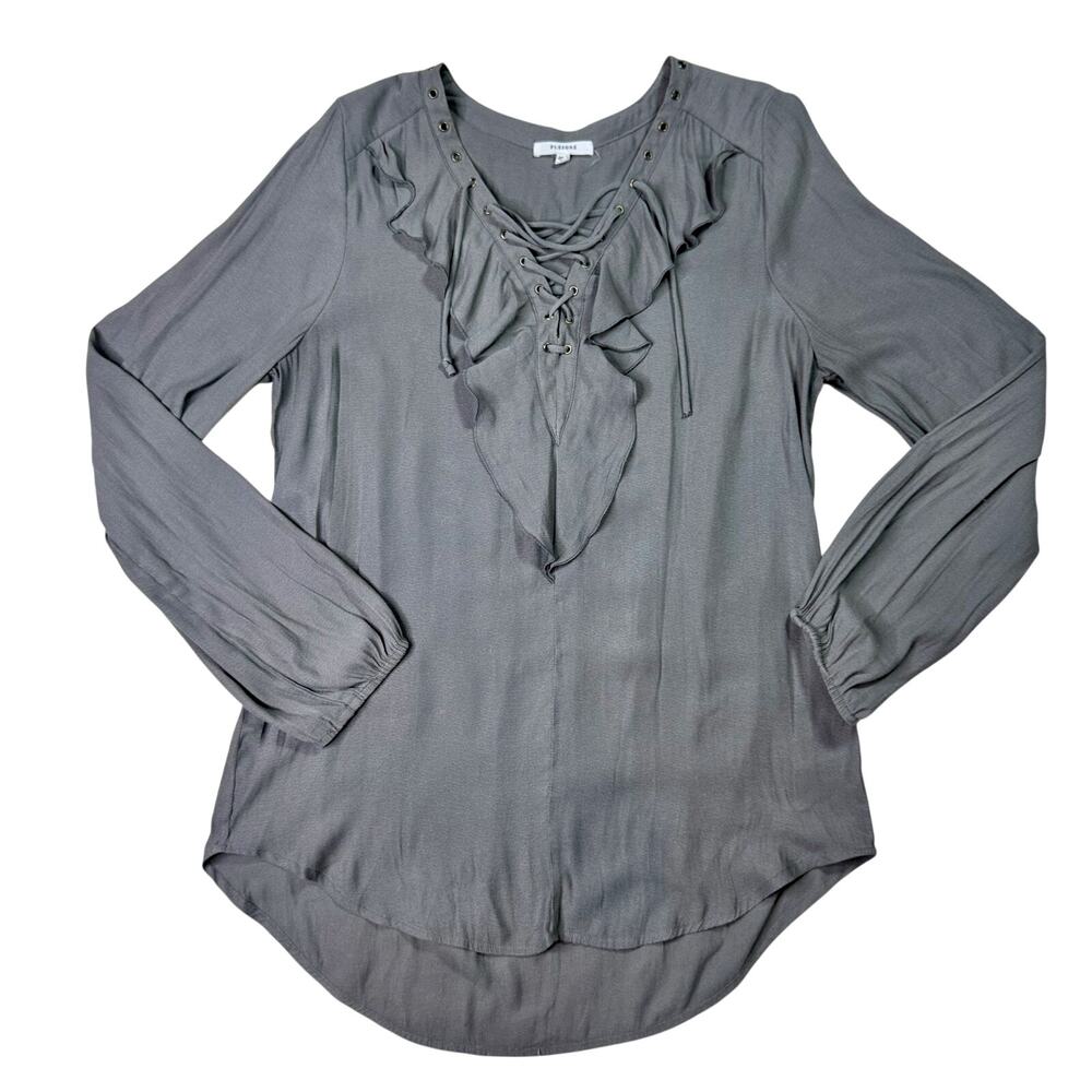 Pleione Lace Up Ruffle Blouse Women's Small Gray Boho Grommet Top Peasant Regent
